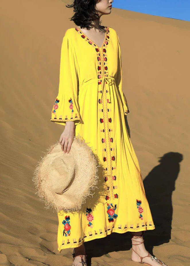 Yellow Tie Waist Cotton Fall Long Dress Embroidered - Image 2