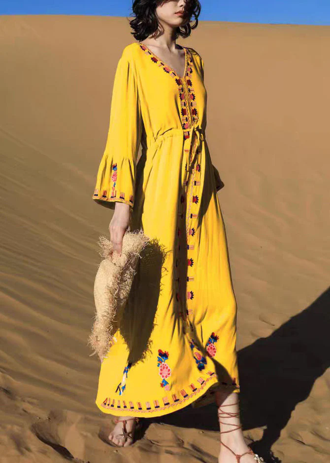 Yellow Tie Waist Cotton Fall Long Dress Embroidered - Image 3