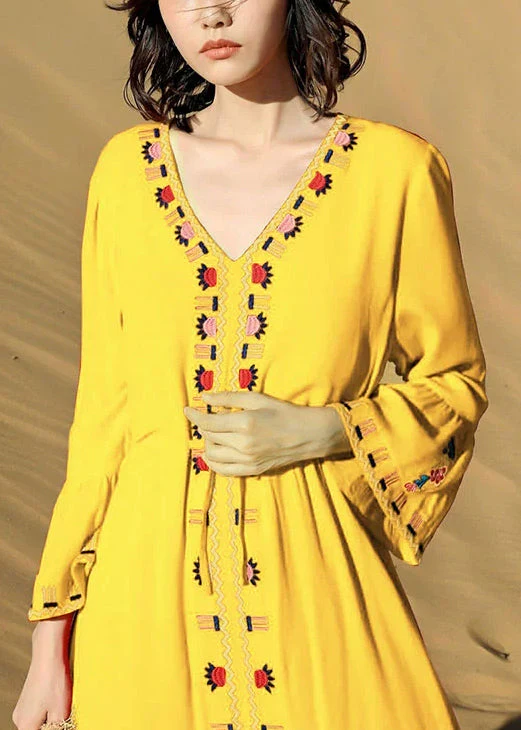 Yellow Tie Waist Cotton Fall Long Dress Embroidered - Image 4