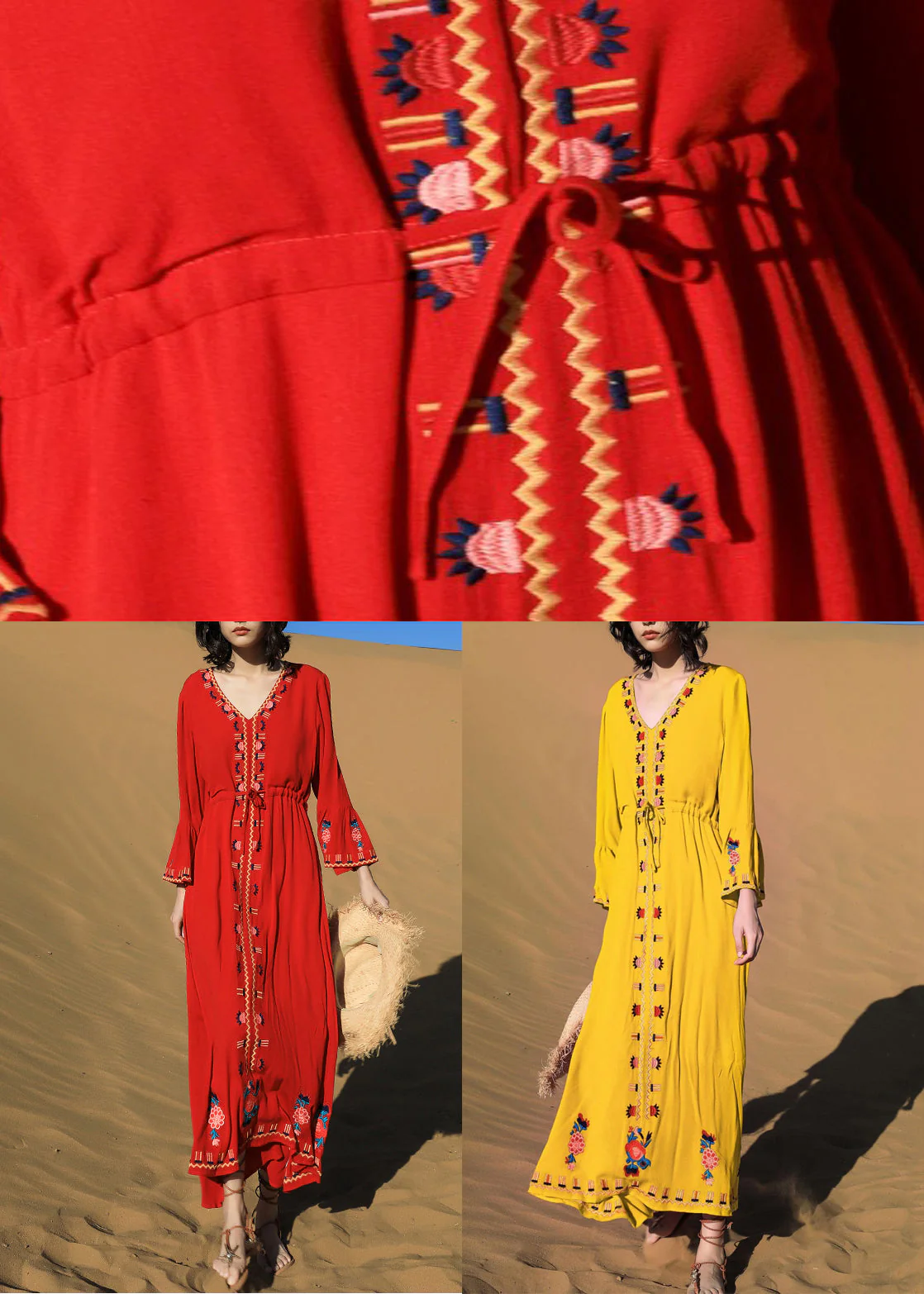 Yellow Tie Waist Cotton Fall Long Dress Embroidered - Image 5