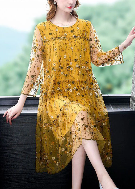Yellow Tulle Party Dress Embroideried Hollow Out Bracelet Sleeve - Image 2