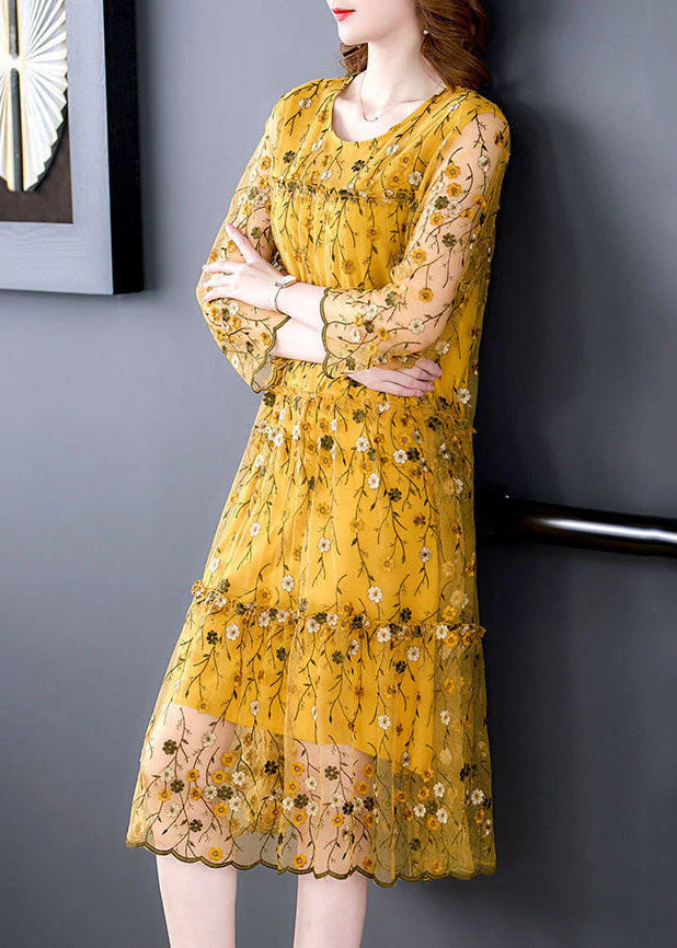 Yellow Tulle Party Dress Embroideried Hollow Out Bracelet Sleeve - Image 3