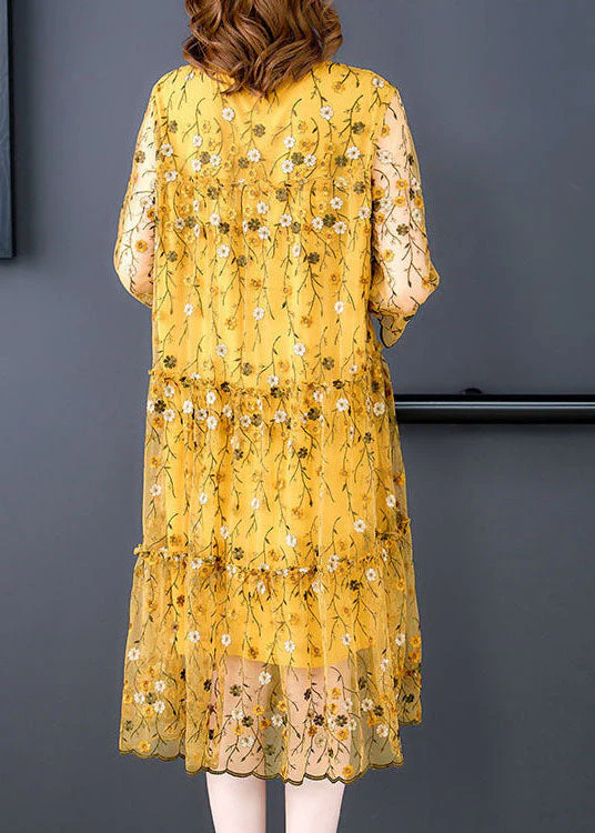 Yellow Tulle Party Dress Embroideried Hollow Out Bracelet Sleeve - Image 4