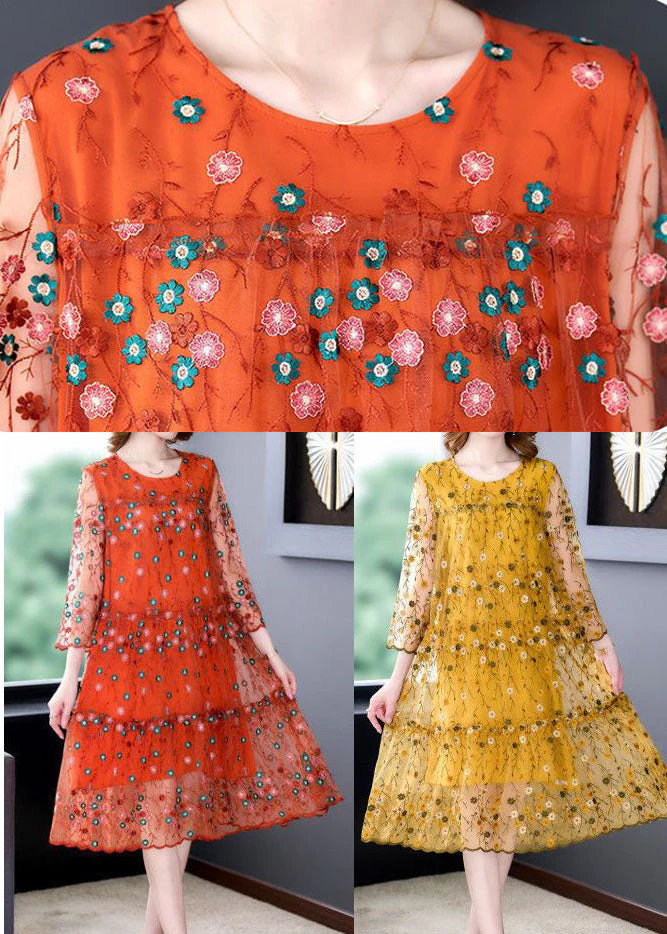 Yellow Tulle Party Dress Embroideried Hollow Out Bracelet Sleeve - Image 5