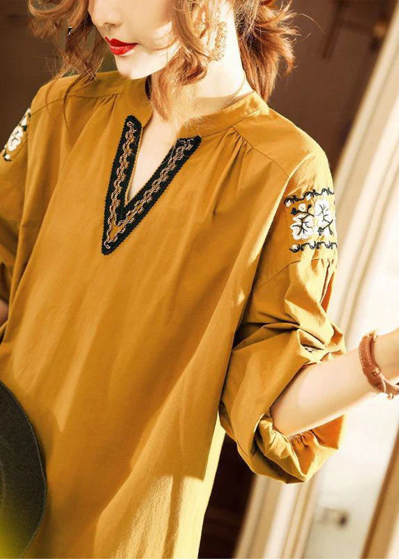 Yellow V Neck fashion Cotton Dresses Spring - Image 3