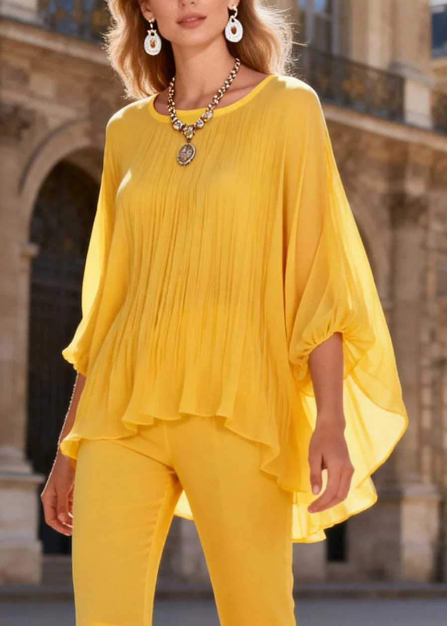 Yellow Wrinkled Solid Two Pieces Set O Neck Bracelet Sleeve - Image 2
