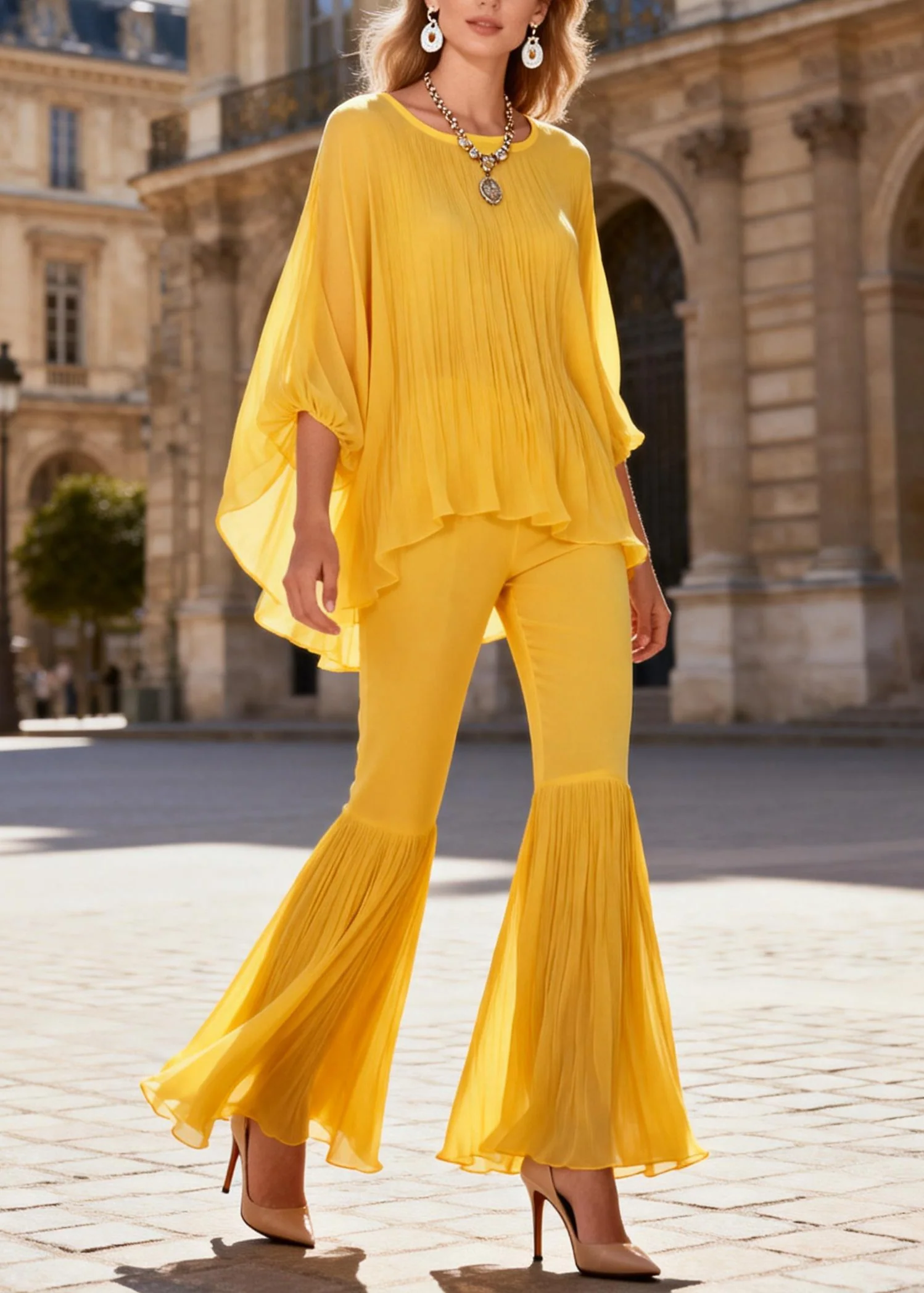 Yellow Wrinkled Solid Two Pieces Set O Neck Bracelet Sleeve - Image 3