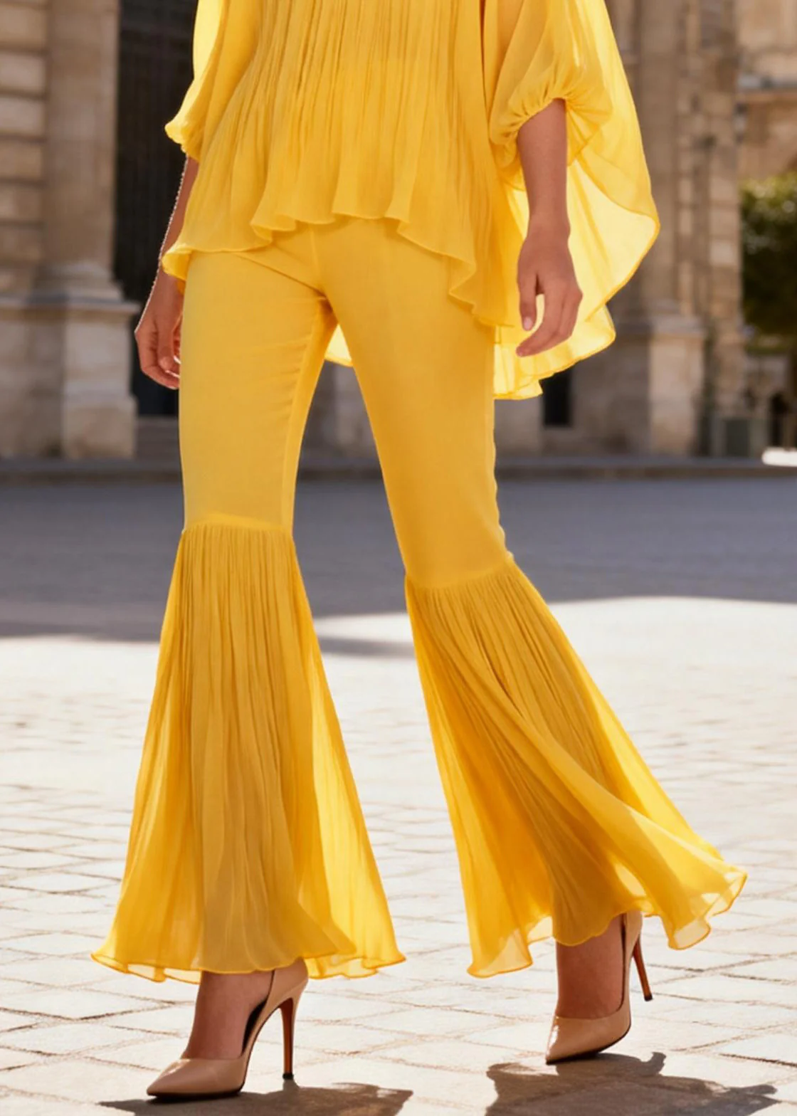 Yellow Wrinkled Solid Two Pieces Set O Neck Bracelet Sleeve - Image 4