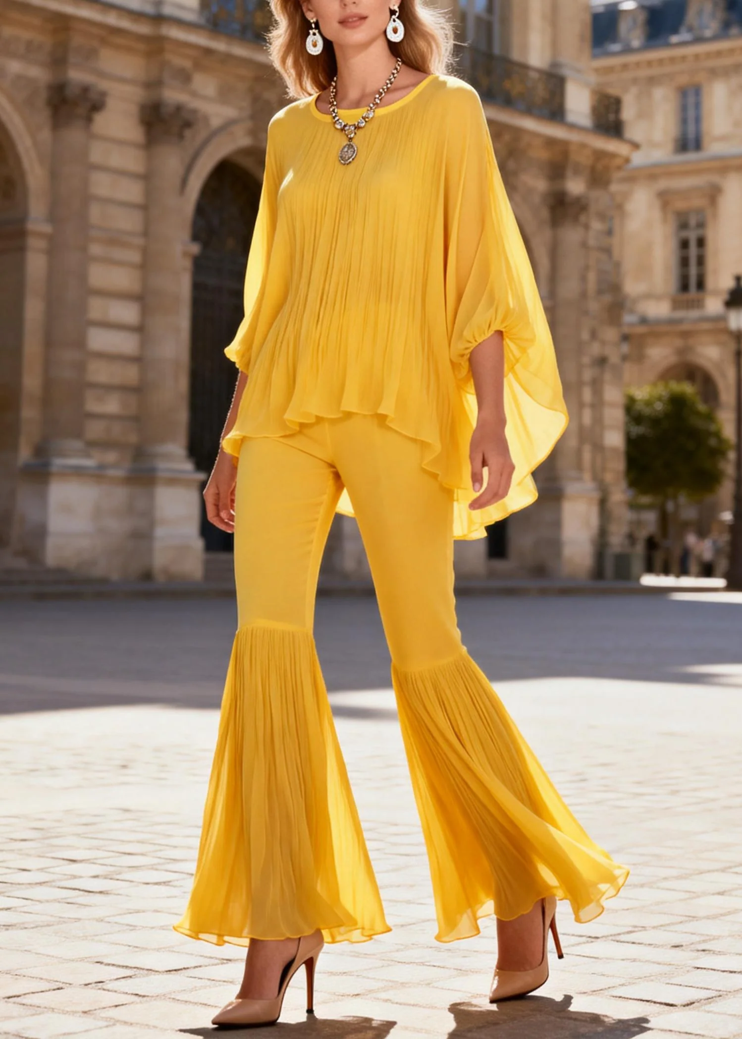 Yellow Wrinkled Solid Two Pieces Set O Neck Bracelet Sleeve - Image 5