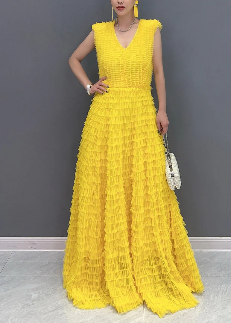 Yellow Wrinkled Solid Vacation Maxi Cake Dresses Summer - Image 2