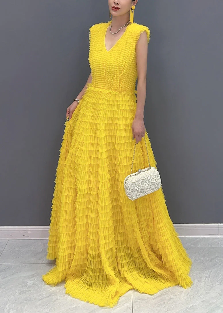 Yellow Wrinkled Solid Vacation Maxi Cake Dresses Summer - Image 3