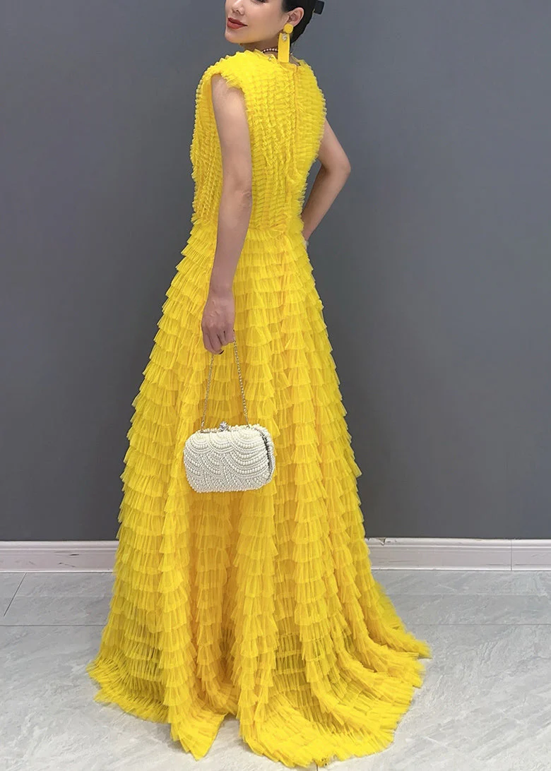 Yellow Wrinkled Solid Vacation Maxi Cake Dresses Summer - Image 4