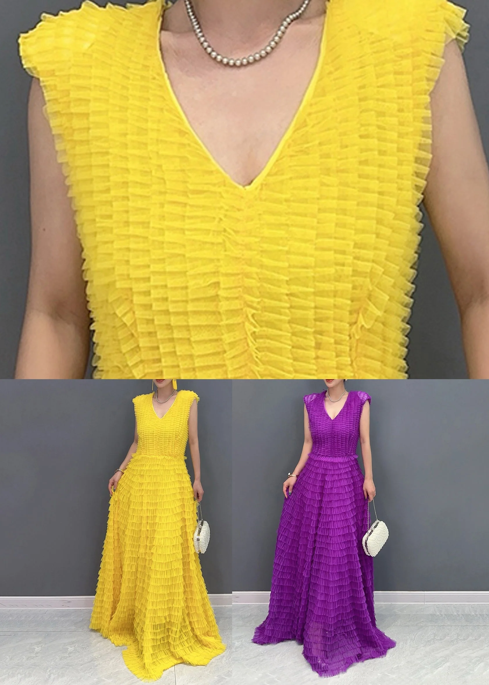 Yellow Wrinkled Solid Vacation Maxi Cake Dresses Summer - Image 5